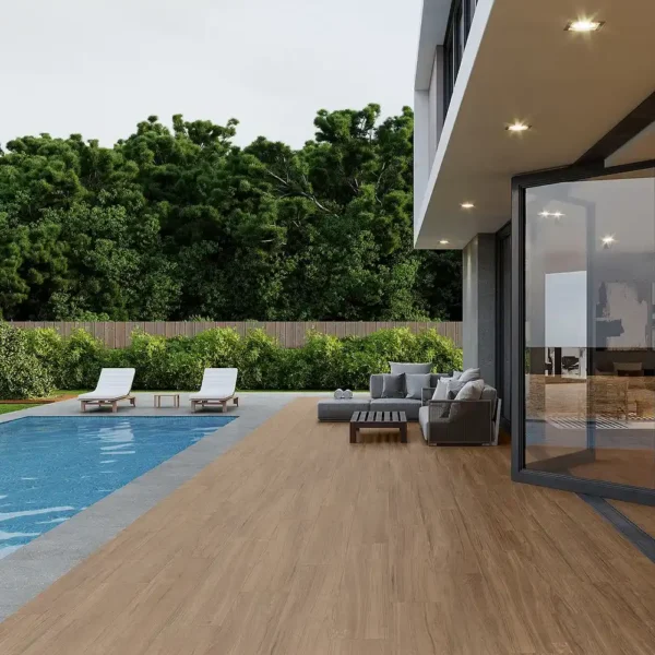 Picture of porcelain wood tiles set on a pool area 