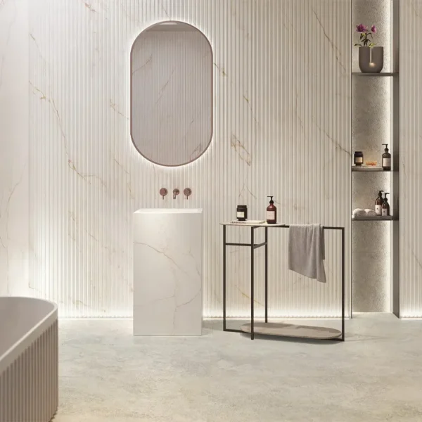 Modern look bathroom dressed with beige bathroom tiles  