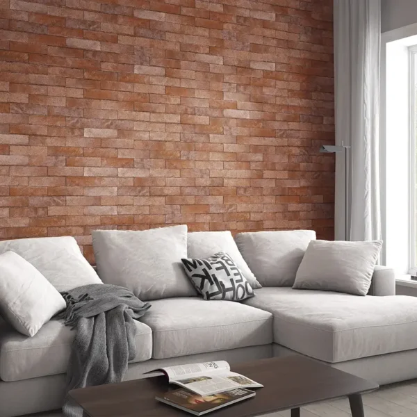 Brick effect tiles decorating a warm style living room 