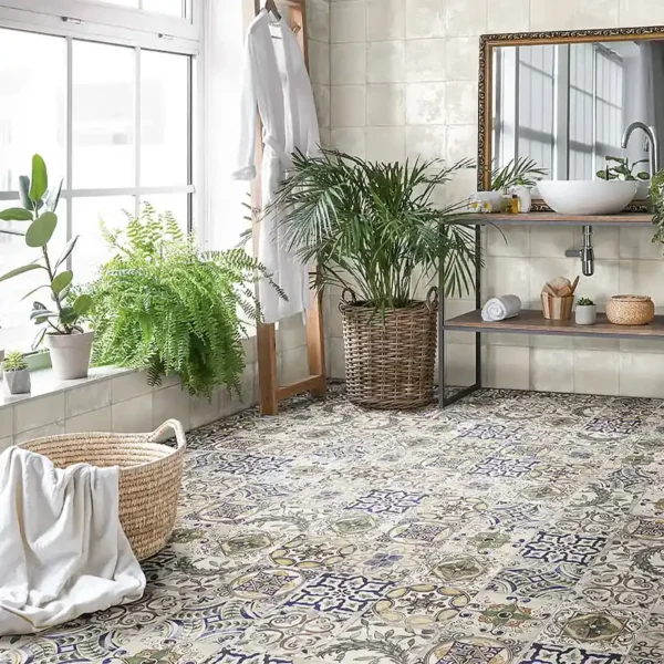 Rustic restroom decorated with artisanal tiles 