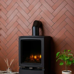Picture of brick tiles covering the wall behind a stove 