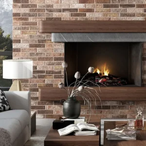 Picture of a fireplace covered with brick tiles 