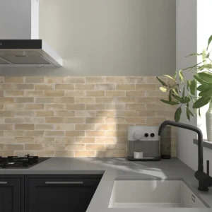 Rustic style kitchen decorated with brick tiles