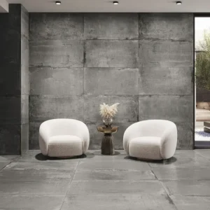 Modern decoration using grey aged concrete effect tiles 