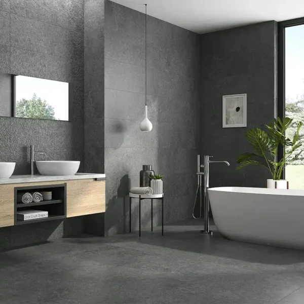 through body porcelain tiles set on a modern restroom  