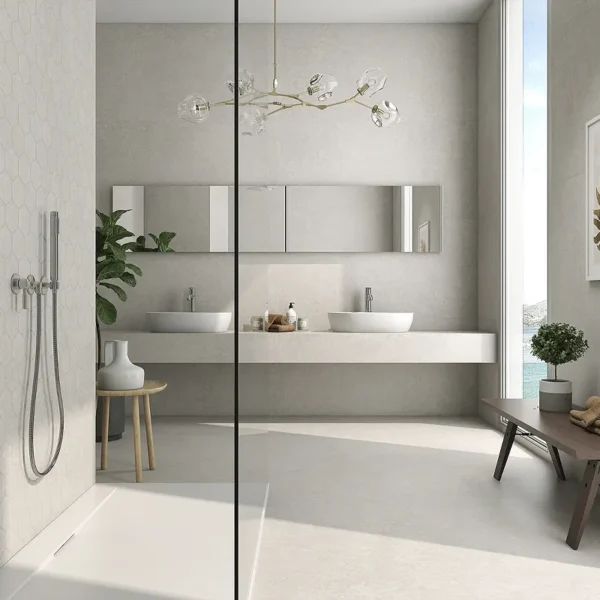 Elegant bathroom ambience dressed with light beige tiles 