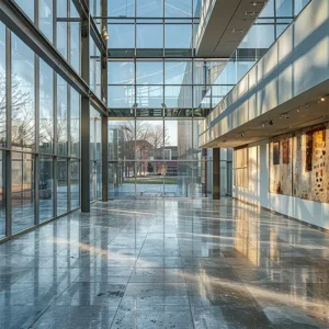 Custom tiles set on an art gallery hallway floor  