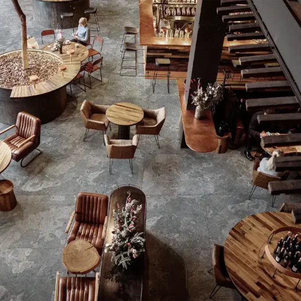 Commercial tiles covering the floor of a fancy restaurant 