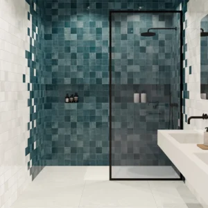 Image of blue wall tiles set on a shower wall 