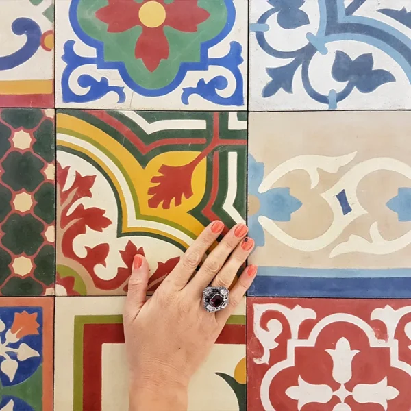Colorful wall decoration made with different designs of handmade tiles 