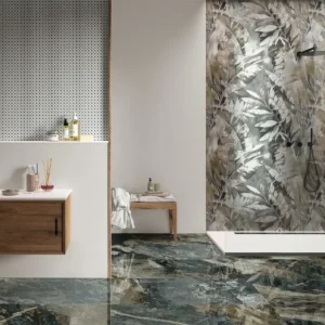 Decorative tile makers catalogue´s picture showing a stylish restroom 