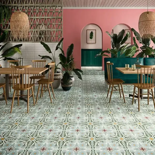 Victorian tile covering the floor of a beautifuly decorated restaurant 