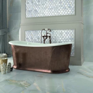 Picture of stylish bathtub set on an ambience decorated with glass tiles