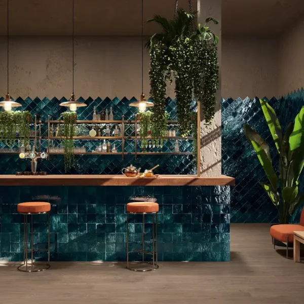 Blue Handmade tiles placed on a stylish bar 