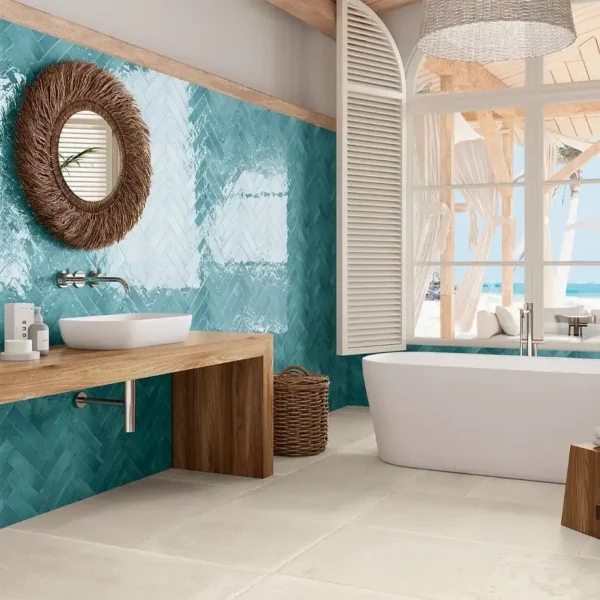 Picture of lovely bathroom ambience decorated with artisanal handmade tiles 