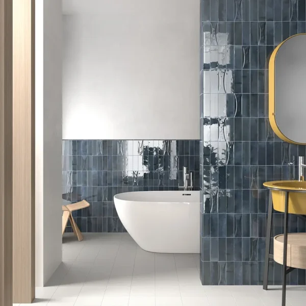 bathroom tile manufacturers products set on the wall of an elegant bathroom