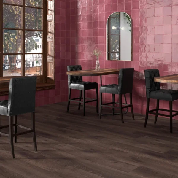 Restaurant ambience decorated with burgundy handmade tiles 