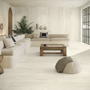 Picture of elegant living room decorated with beige marble tiles 