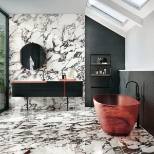 Bold style restroom using marble effect tiles 