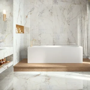 Modern bathroom decorated with marble look tiles 
