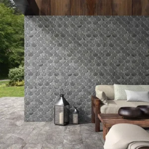Original outdoors decoration using grey mosaic tiles 