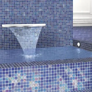 Spa ambience decorated with mosaic tiles in differnt tones of blue 