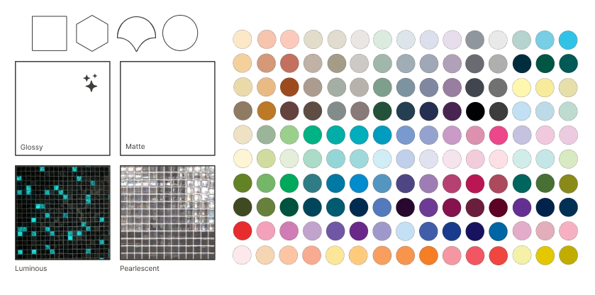 image of some of the different colors and formats available in our pool tile manufacturing company