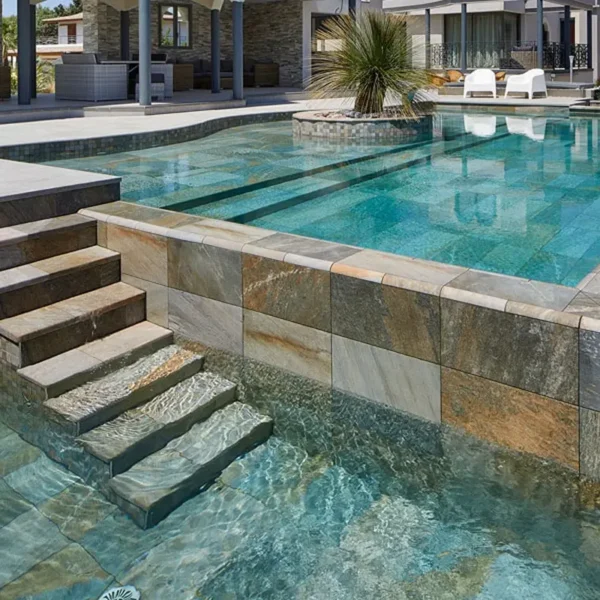 Elegant porcelain swimming pool tiles in beige and grey 
