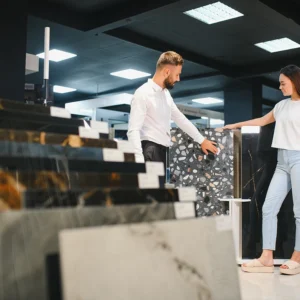 Image of agents with tile manufacturing company merchandise