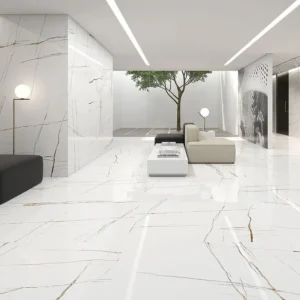 Glazed tile manufacturers catalogue´s picture showing a modern ambience decorated with big format glazed tiles