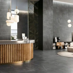 Urban style ambience decorated with black marble effect tiles 