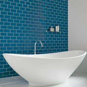 Beautiful blue subway tiles placed on a bathroom backsplash 