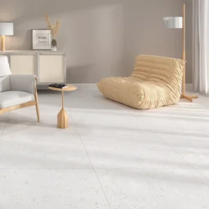 White terrazo effect tiles in a minimalist living room 
