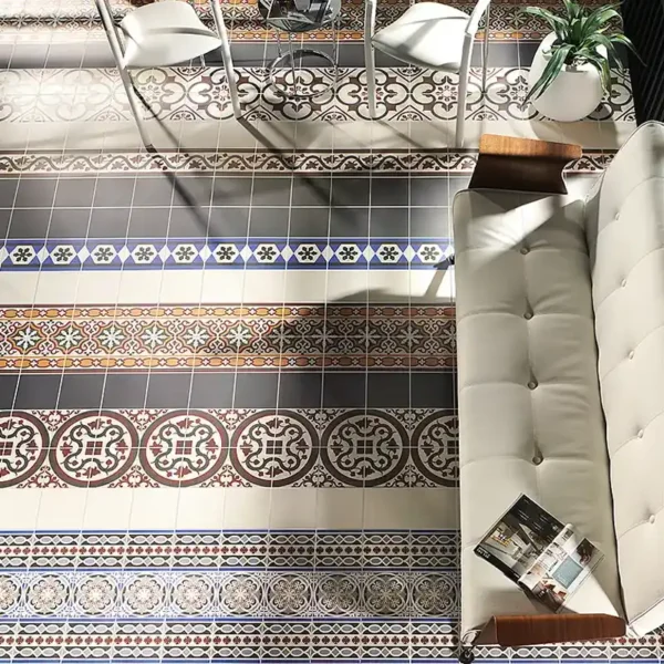 Victorian tile manufacturers catalogue´s picture showing different designs of victorian tiles covering an interior floor 