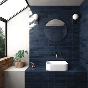 Blue glazed tiles covering the wall of a stylish restroom 