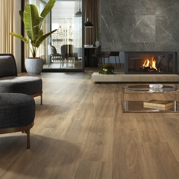 Sofisticated living room with wood tiles flooring 