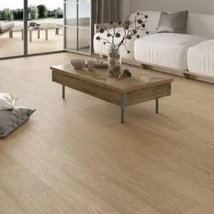 Picture of minimalist living room with wood tiles covering the floor 
